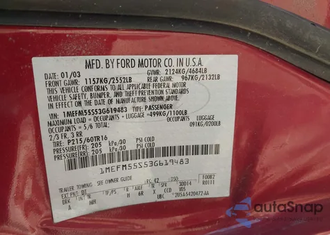 2003 Mercury Sable Ls Premium из США, поврежденный, VIN 1MEFM55S53G619483